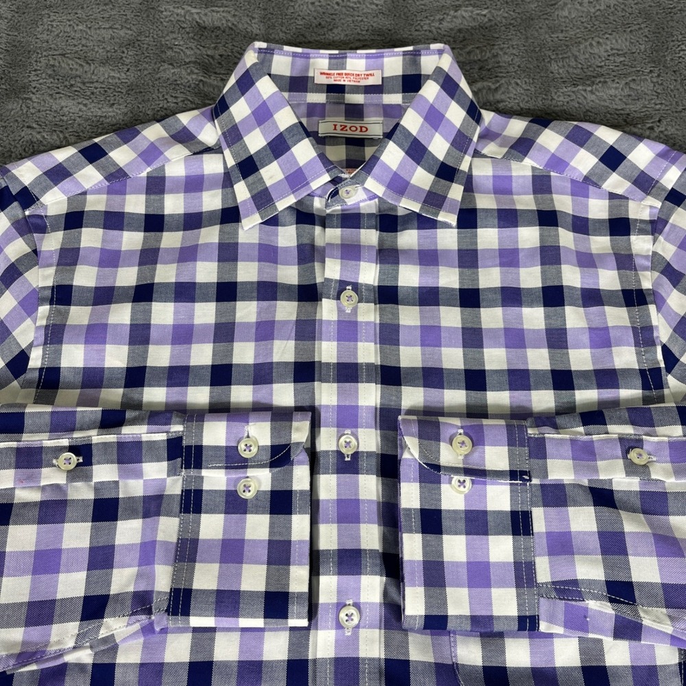 IZOD Mens Slim Fit Gingham Button Down Shirt Purple Navy White 15 32/33 AN818